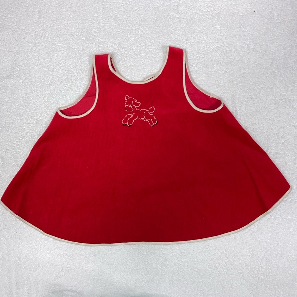 Vintage Little Girls Red corduroy Pinafore Apron 1930s-40s Criss Cross 18/24m